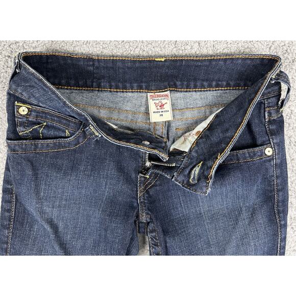 True Religion Jeans Womens 28 Straight Leg Dark Wash USA Yellow Stitch Flap Pkt - Picture 8 of 12